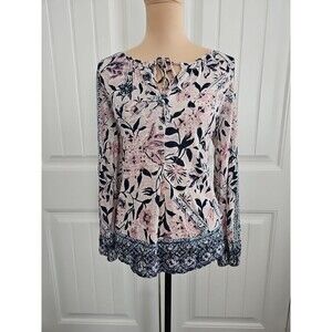 Lucky Brand Long Sleeve Top Womens Size S Floral Printed Tie Neck 1/4 Button